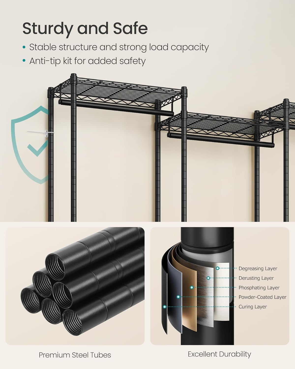 Heavy-Duty Clothes Rack, Garment Rack, Portable Closet, 68.7-Inch Wide Clothing Rack with Adjustable Mesh Shelves and Hanging Rails, Ink Black ULGR433B01