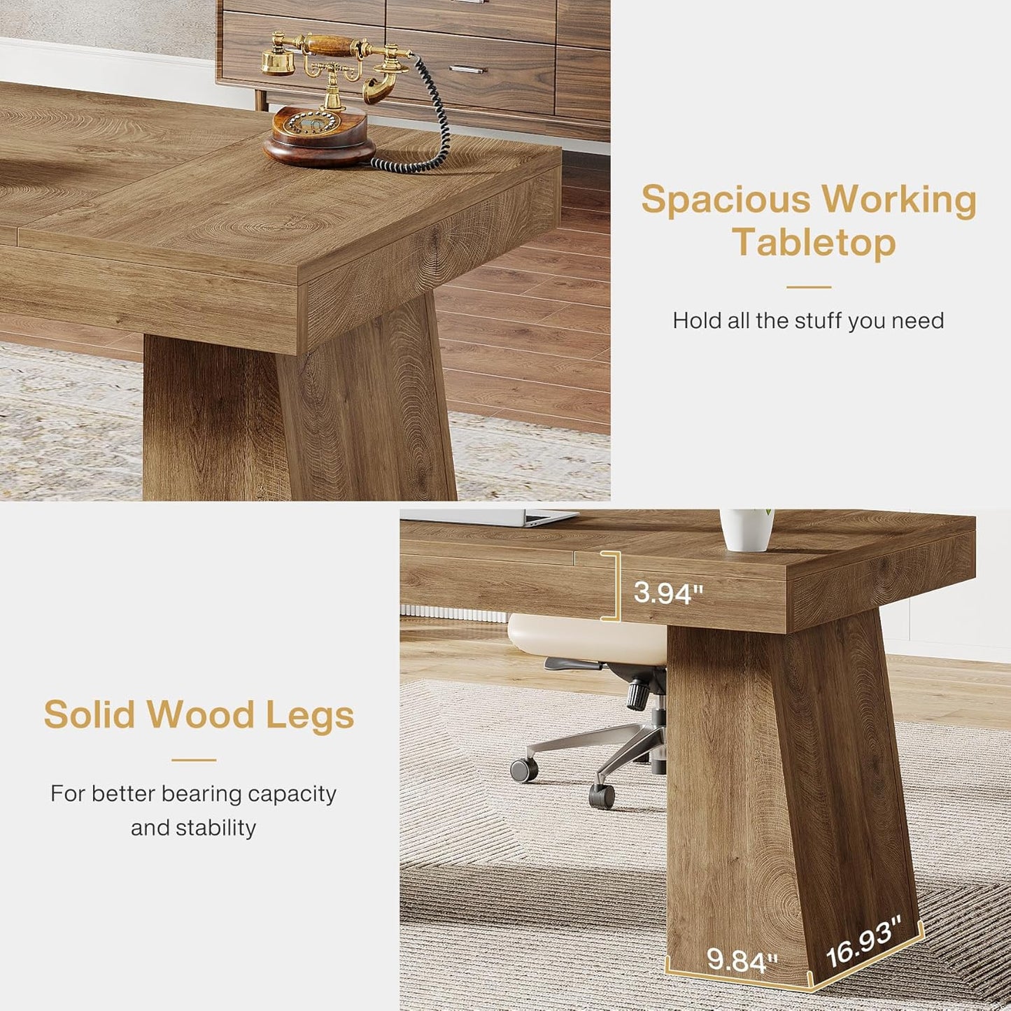 55 Inches Executive Desk, Mid-Century Modern Home Office Desk, Wood Computer Table Business Workstation Small Conference Table, Light Brown