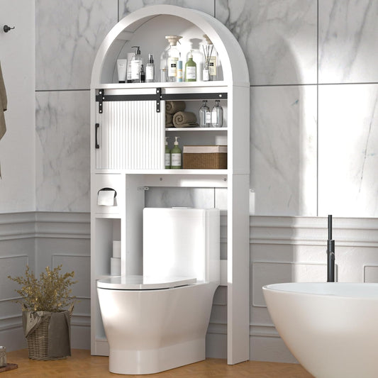 Over the Toilet Storage Cabinet, Bathroom Organizer over Toilet with Sliding Doors, Arched Storage Organizer Cabinet with Anti-Tip Device and Adjustable Shelf for Bathroom, White