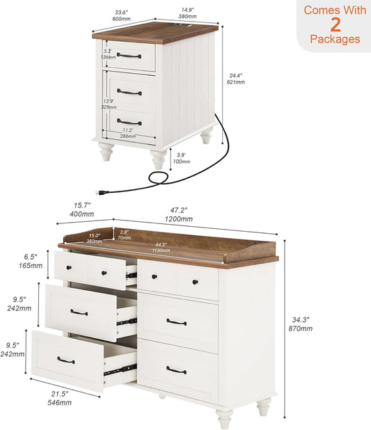 2 Piece Bedroom Set - Includes Mid Century 6 Drawer Dresser, Side Table with Charging Station & Storage Cabinet, 2 Piece Dresser and Nightstand Sets, White