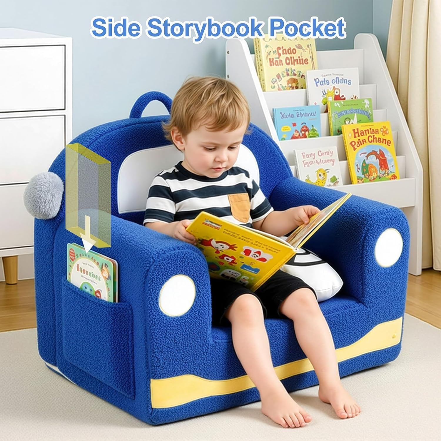 Toddler Chair for Ages 1–6, Soft Sherpa Kids Sofa with Book Pocket & Carry Handle, Comfy Single-Seat Couch for Playroom or Bedroom, Birthday Gift for Boys (Car)