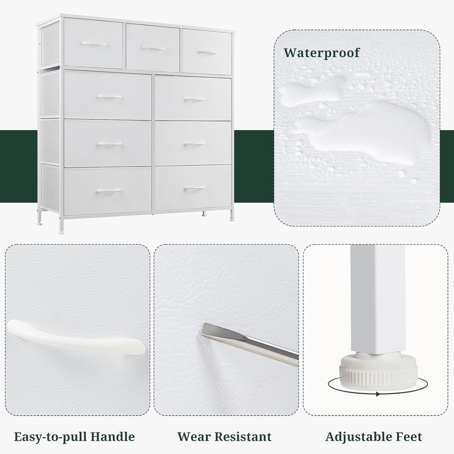 9-Drawer Dresser for Bedroom, Anti-Tip Tall Storage Organizer Chest of Drawers with Wooden Top and Metal Frame Fabric Bins for Closet, Living Room, Hallway, Entryway, White