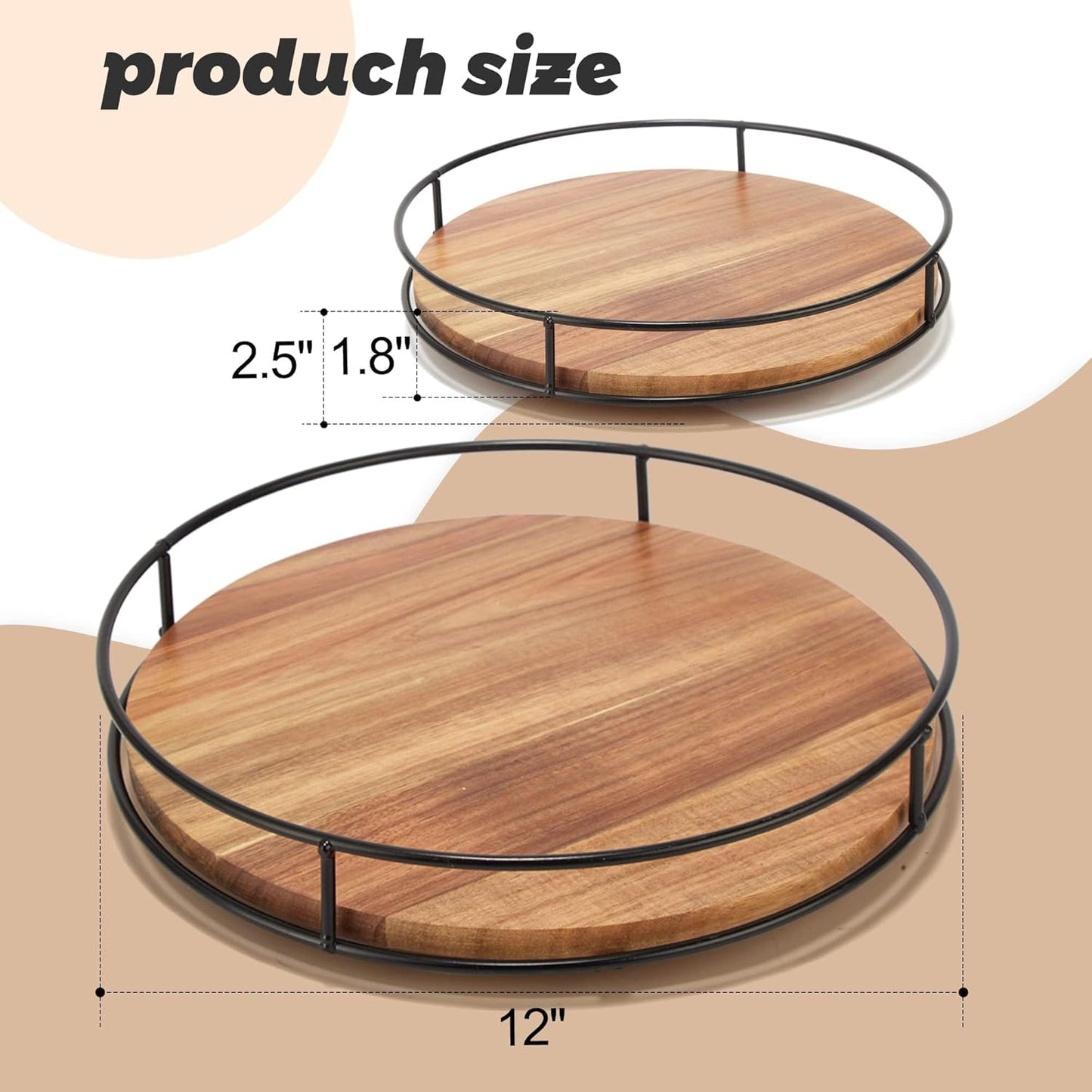 12" Acacia Wood Lazy Susan Turntable, Kitchen Organizer Turntable with Steel Sides, 360 Degree Lazy Susan for Countertop Cabinet or Dining Table(Black)