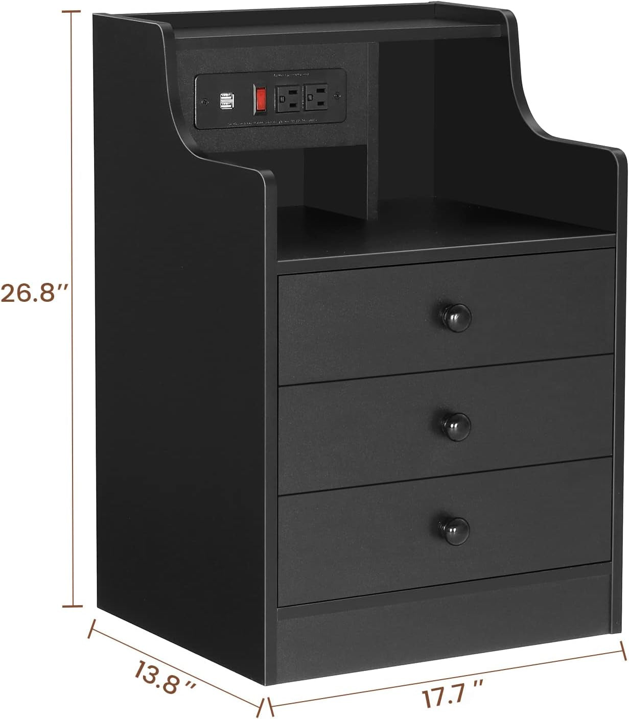Nightstand with Charging Station,Black Night Stand for Bedroom,End Table with Hutch & Storage Drawers