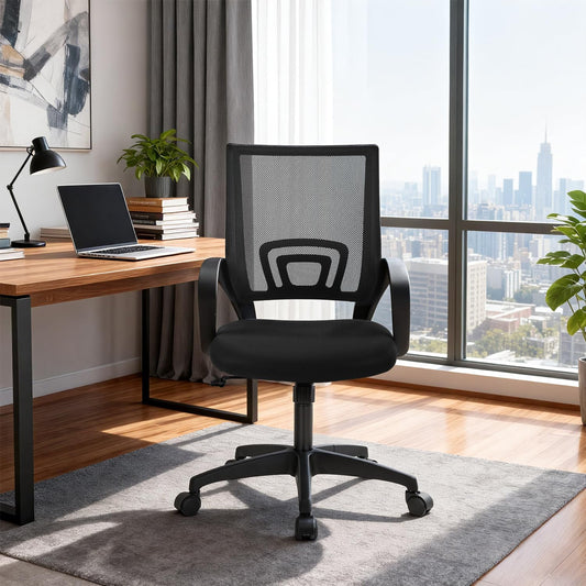 | Ergonomic Office Chair | Mid-Back Swivel Desk Chair | Breathable Backrest & Lumbar Support | Adjustable Height | Sponge Seat | Rolling Wheels | Dark Black | for Adults & Women