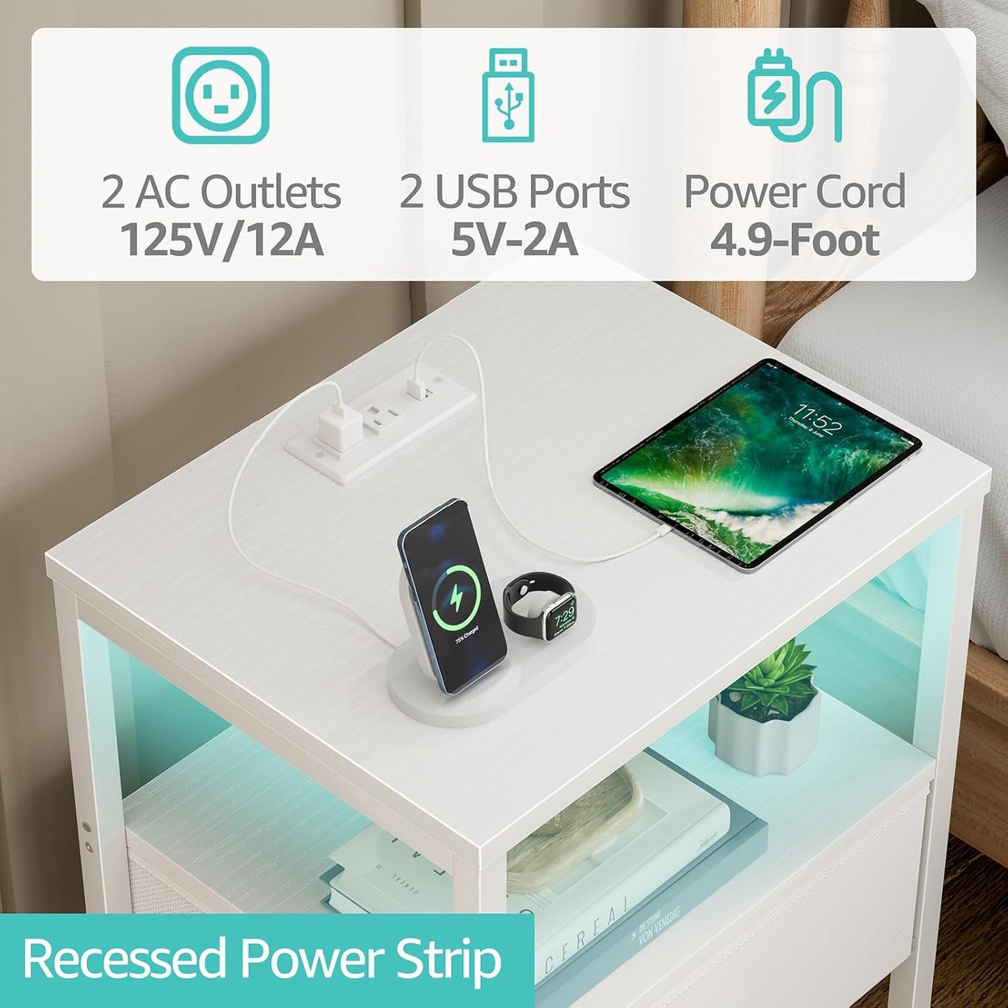 White Nightstand with Charging Station, LED Night Stand with Fabric Drawers and Shelf, Bedside Table with USB Ports and Outlets, Bedroom Nightstand Modern