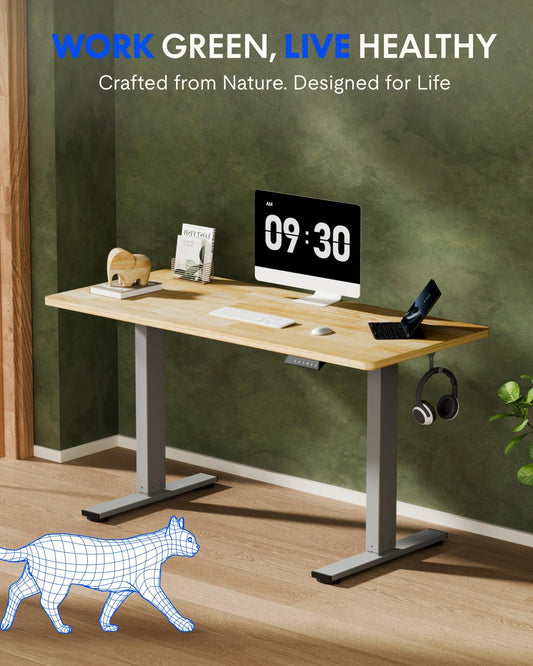 EN1 One-Piece Solid Wooden Standing Desk 55 X 24 Inches Height Adjustable Electric Sit Stand Home Office Desks (Silver Frame + Rubber Wood Top, 2 Packages)