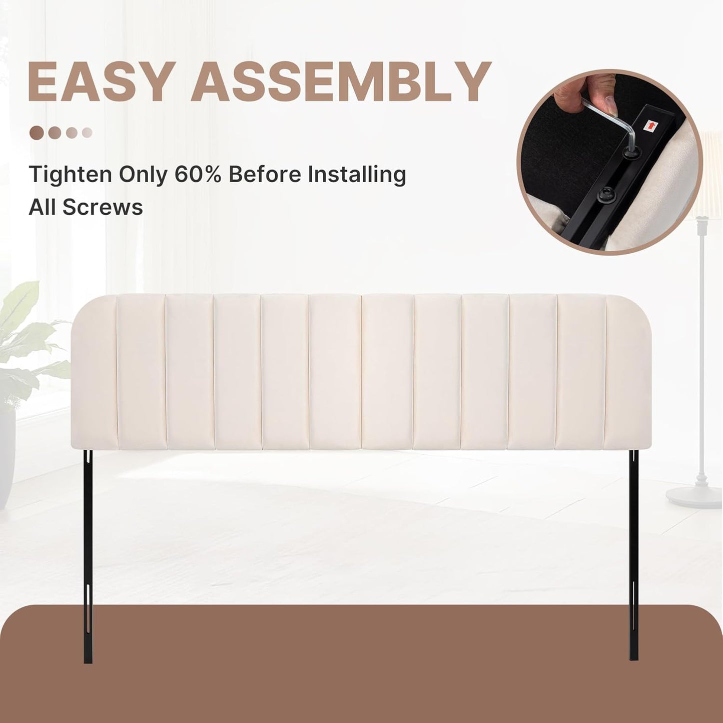 Upholstered Headboard - Striped Interval - Adjustable Height - Metal Legs - Bed Frame (Beige, Queen (U.S. Standard))