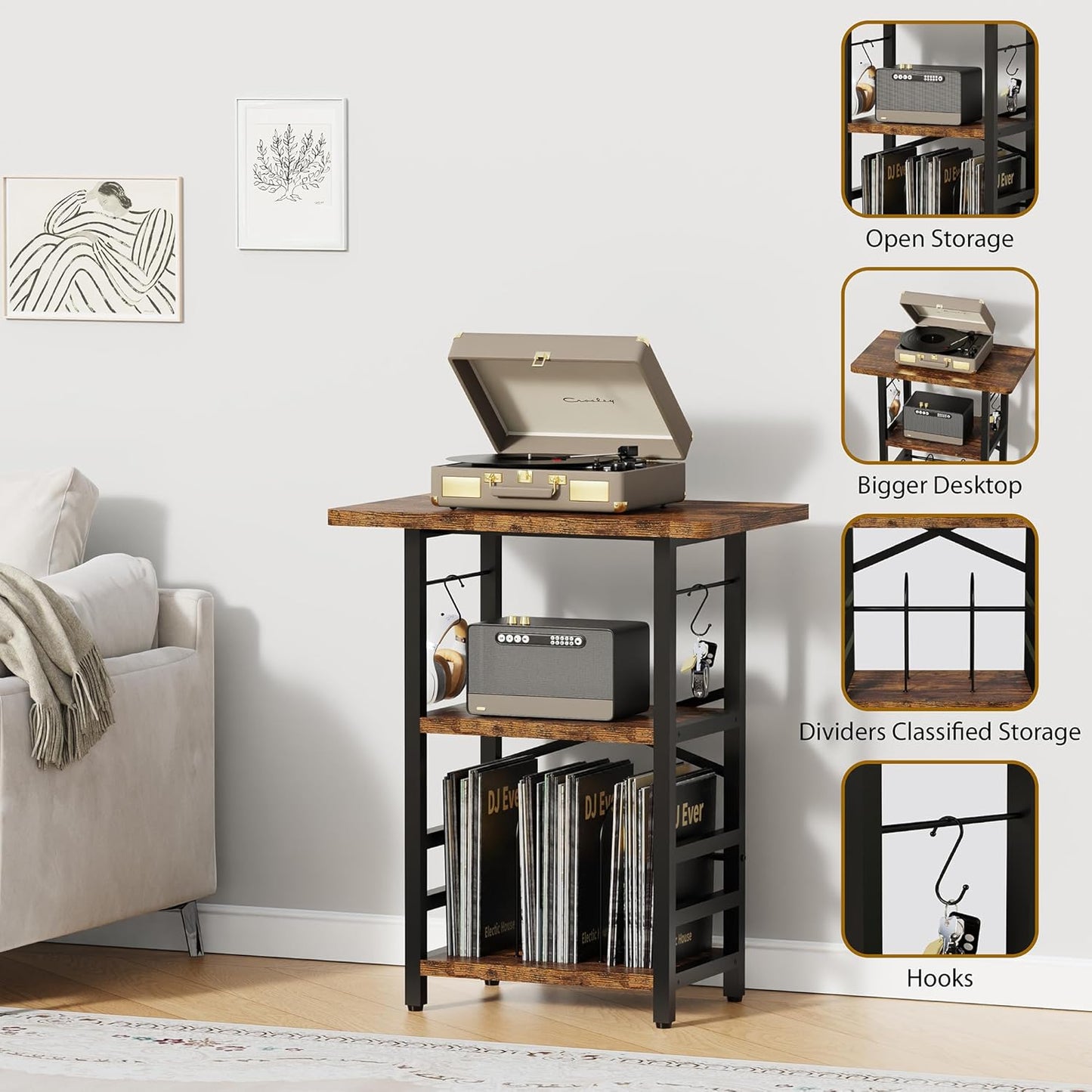 Record Player Stand with Extended Desktop,Large Record Player Table with Vinyl Storage,Turntable Stand with Record Holder Vinyls Display Shelf for Music Room Studio,Retro