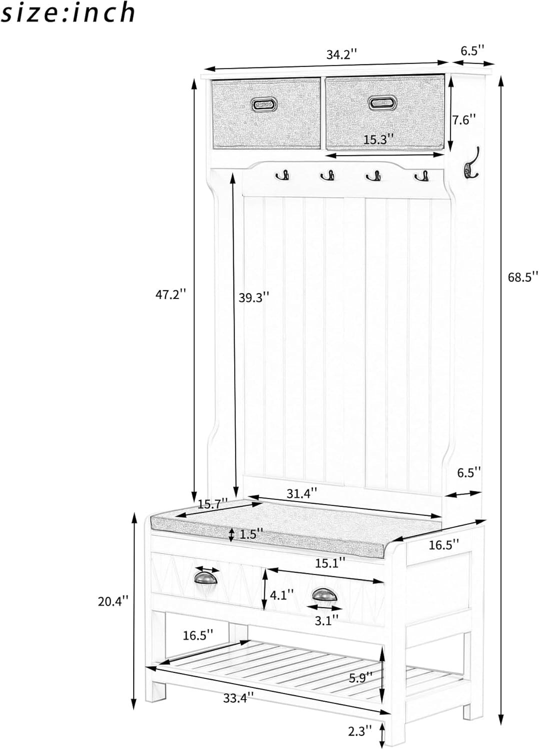 Wood Hall Tree with Shoe Storage Bench for Entryway, 4-In-1 Coat Rack with 6 Hooks, Cabinets and Shelves for Entrance, Hallway White