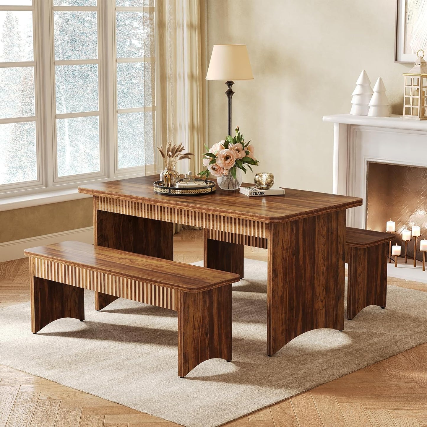 55" Dining Table with 2 Benches, Dining Table Set for 4-6 People, Farmhouse Kitchen Table with Bench, Dining Room Table Set