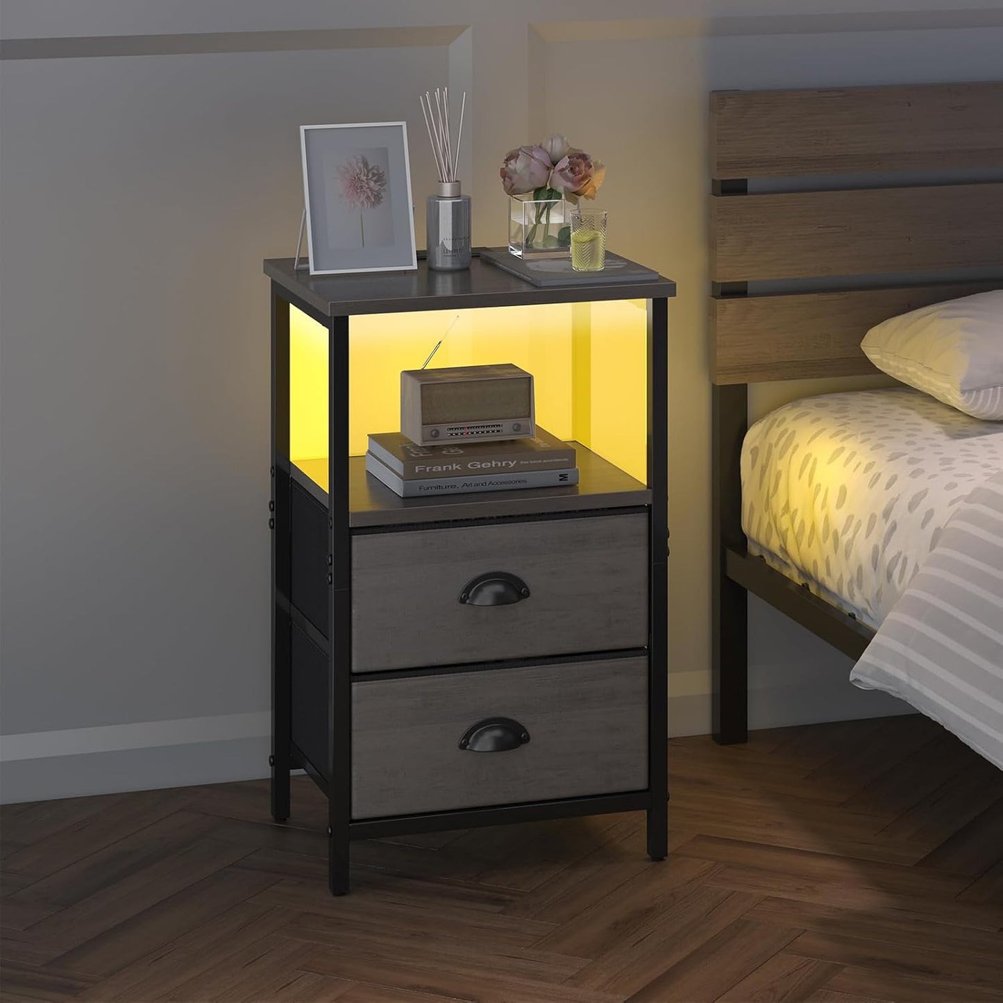 Nightstand with Charging Station, LED Night Stand Set of 2, Bedside Table End Table with Drawer, Bedroom Tables with 2 Fabric Drawers, 3-Tier Storage Side Table for Bedroom,Grey