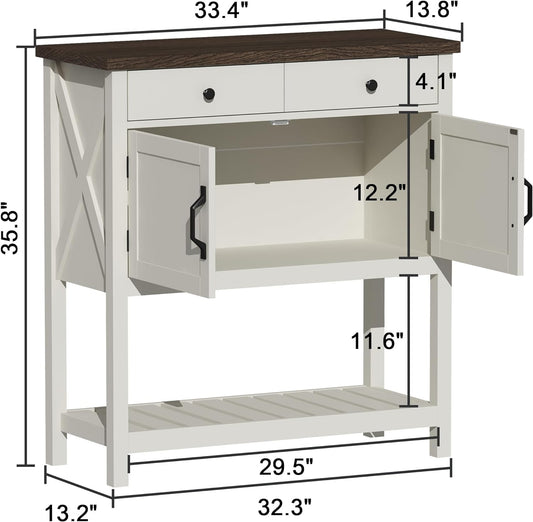 Farmhouse Console Table, Entryway Table with Storage Shelf, Coffee Bar Cabinet, Narrow Buffet Sideboard for Kitchen, Hallway, Living Room, White