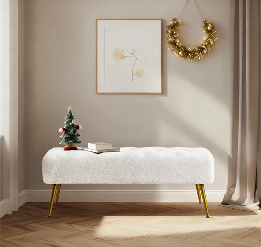 Modern Ottoman Bench Boucle Bench Upholstered Footrest for Living Room with Gold Metal Legs and Padded Seat Ivory