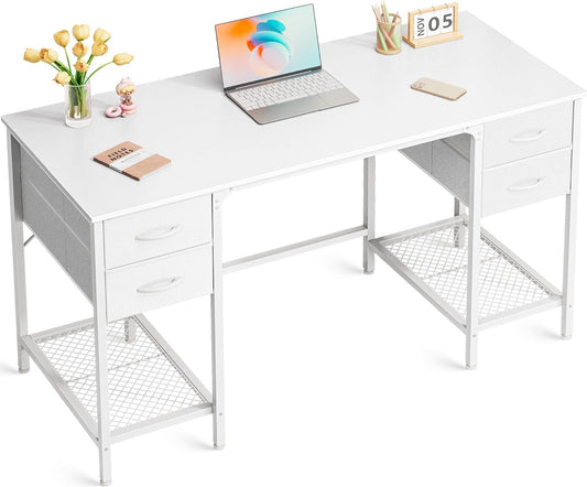 47 Inch White Desk with 4 Drawers, Vanity Desk with Mesh Shelf, Study Table with Large Storage, Computer Desk for Home Office, Bedroom, Work from Home