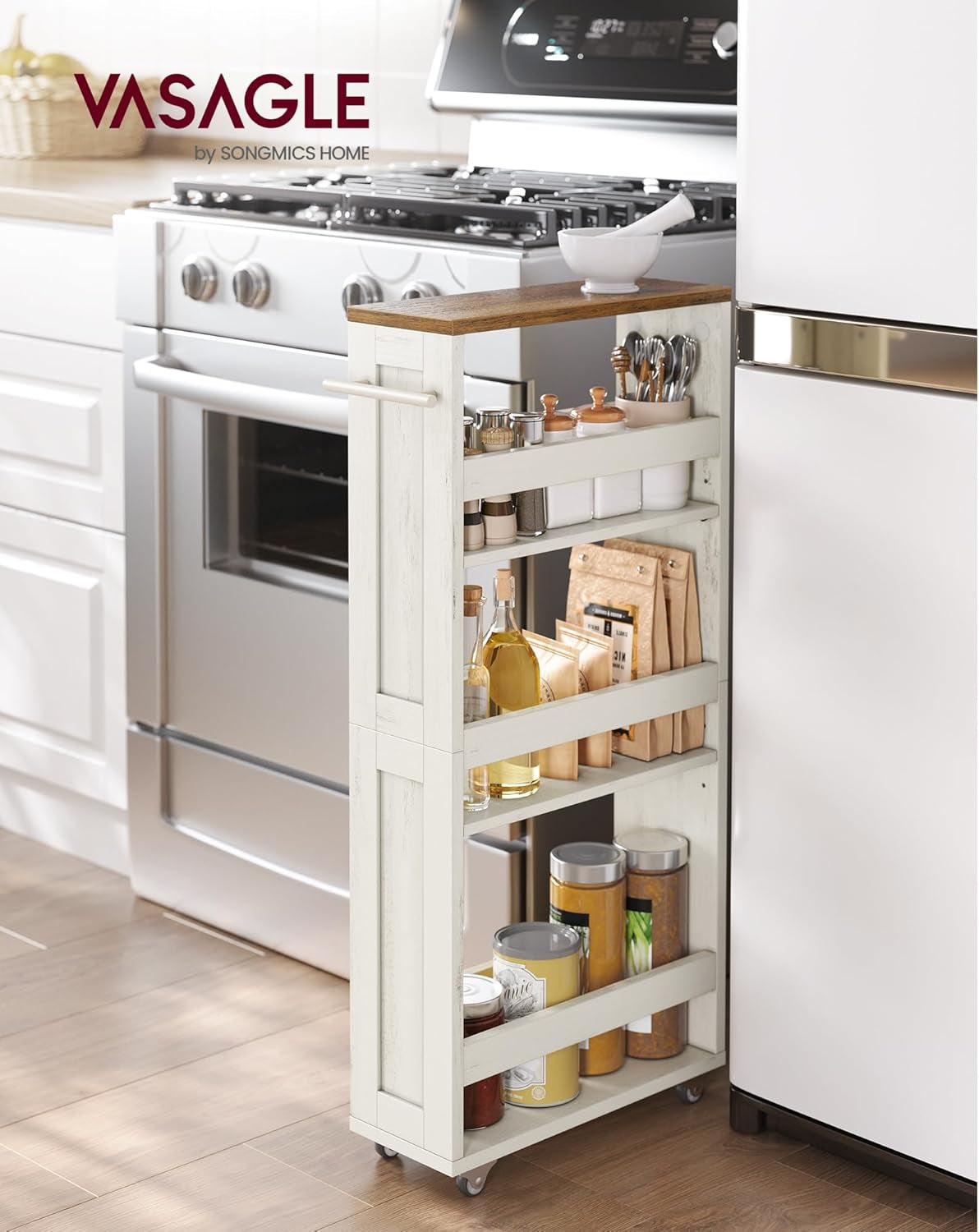 4-Tier Slide-Out Storage Cart, Slim Kitchen Cart for Small Spaces, with Wheels, Handle, Bathroom, Laundry Room, 5.9 X 17 X 34.1 Inches, Rustic White and Honey Brown ULRC050K01