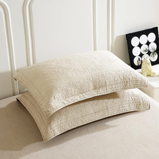 100% Cotton Quilted Pillow Sham Floral Printed Pillow Cover (King, Beige)