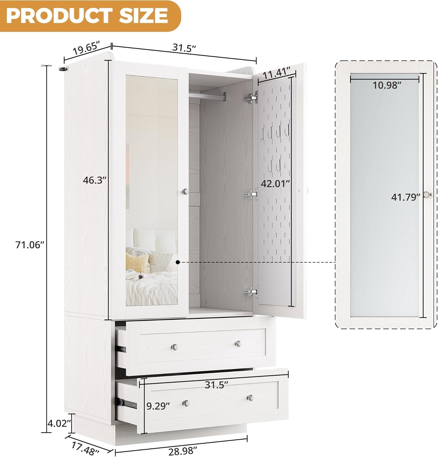 Wardrobe Closet with LED Light & Mirror, Wooden Modern Armoire with 2 Drawers and Hanging Rod, Large Capacity Storage Closet for Bedroom, White