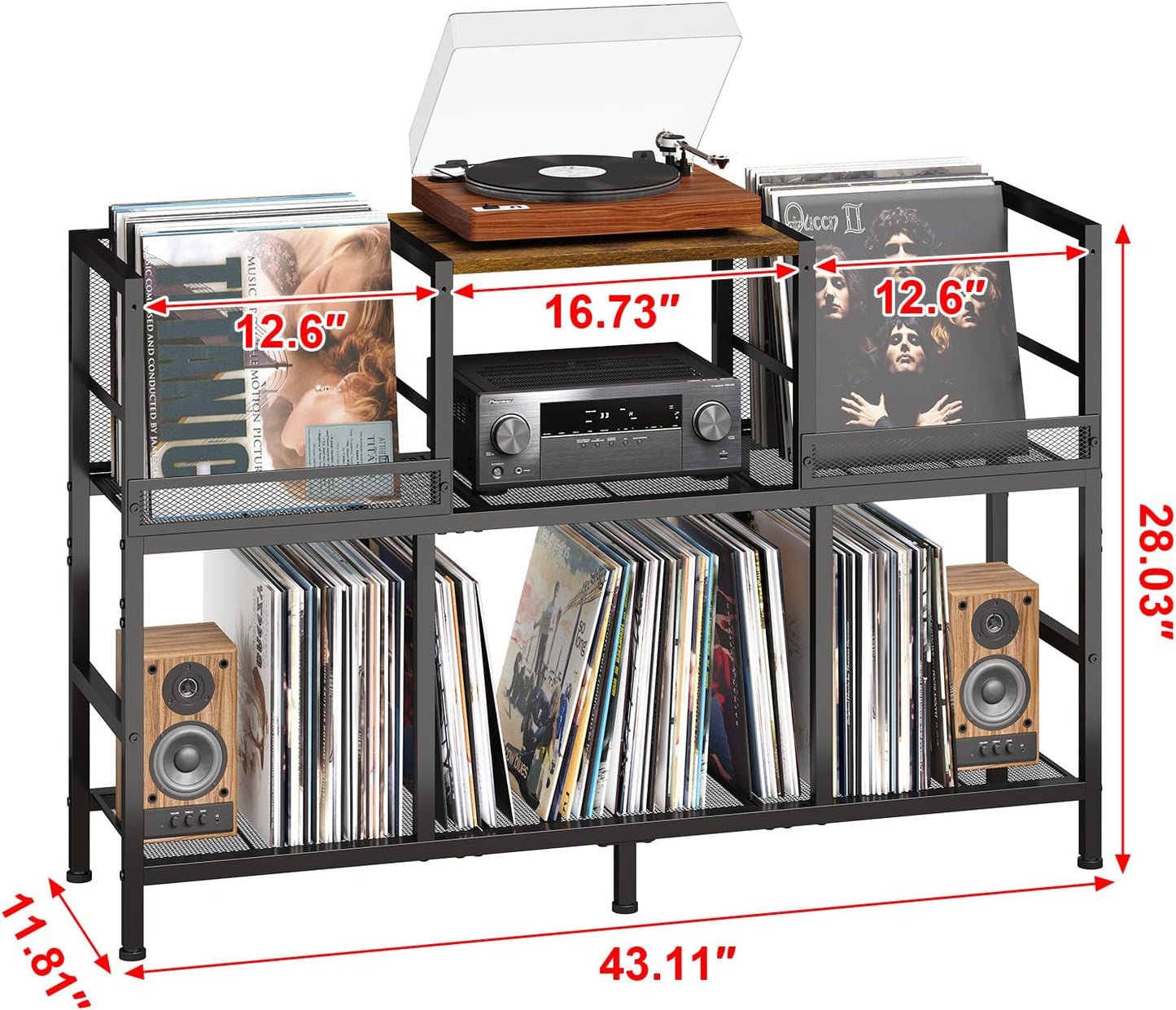 Record Player Stand, Turntable Stand with 3-Compartment Vinyl Storage Cabinet, Holds 300+ Albums, Sturdy Record Player Table for Living Room & Music Room