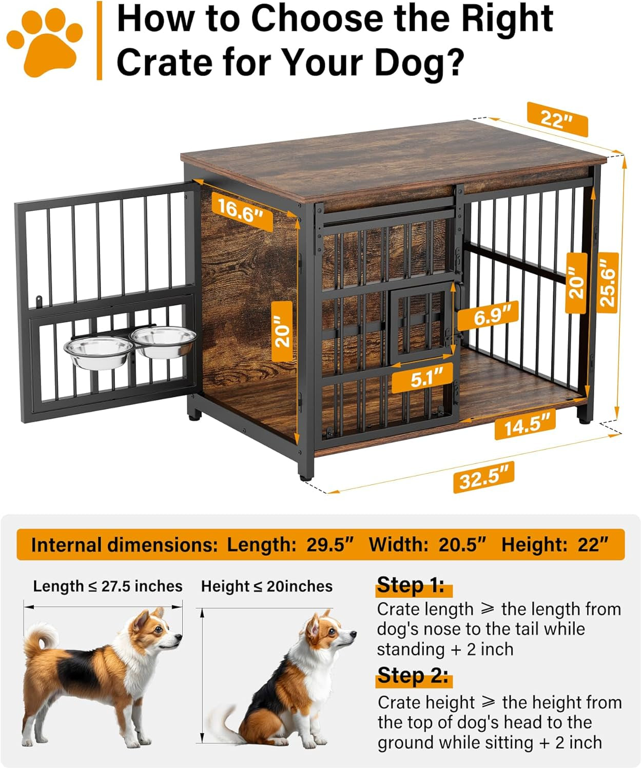 Dog Crate Furniture with Sliding Barn Door, 44"/39"/32" Decorative Dog Kennel Indoor with 2 Doors, Escape-Proof Multi-Lock Crates for Medium Dogs Indoor, Chewproof Wooden End Table, 360° Feed Rack