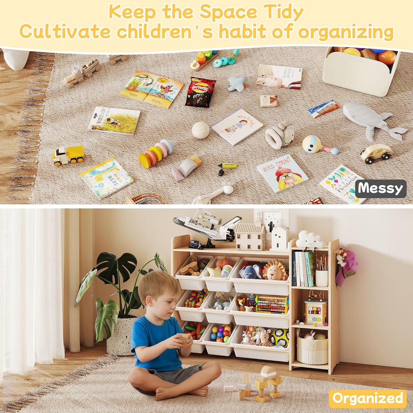 Kids Toy Storage Organizer, Wooden Shelf with 3 Tiers and 9 Storage Bins, Nursery Room Organizer for Books and Toys, White and Natural Wood