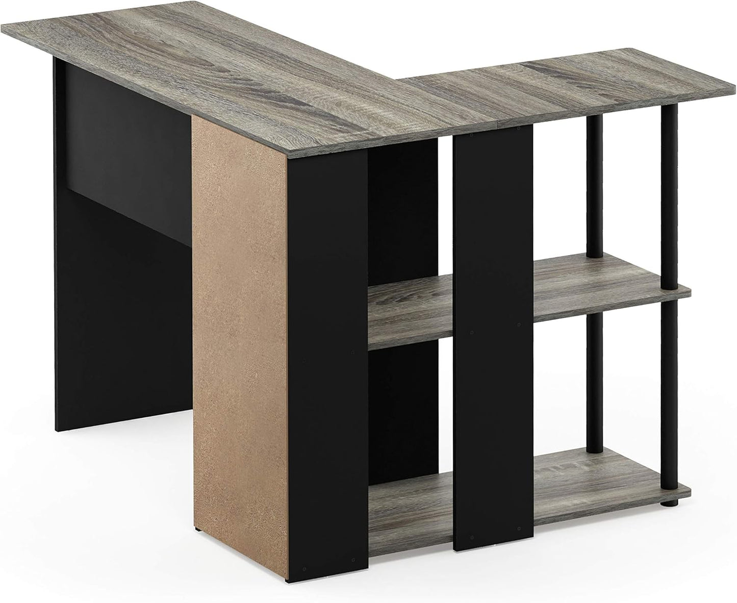 French oak grey and black L shaped computer desk with bookshelf, view 8
