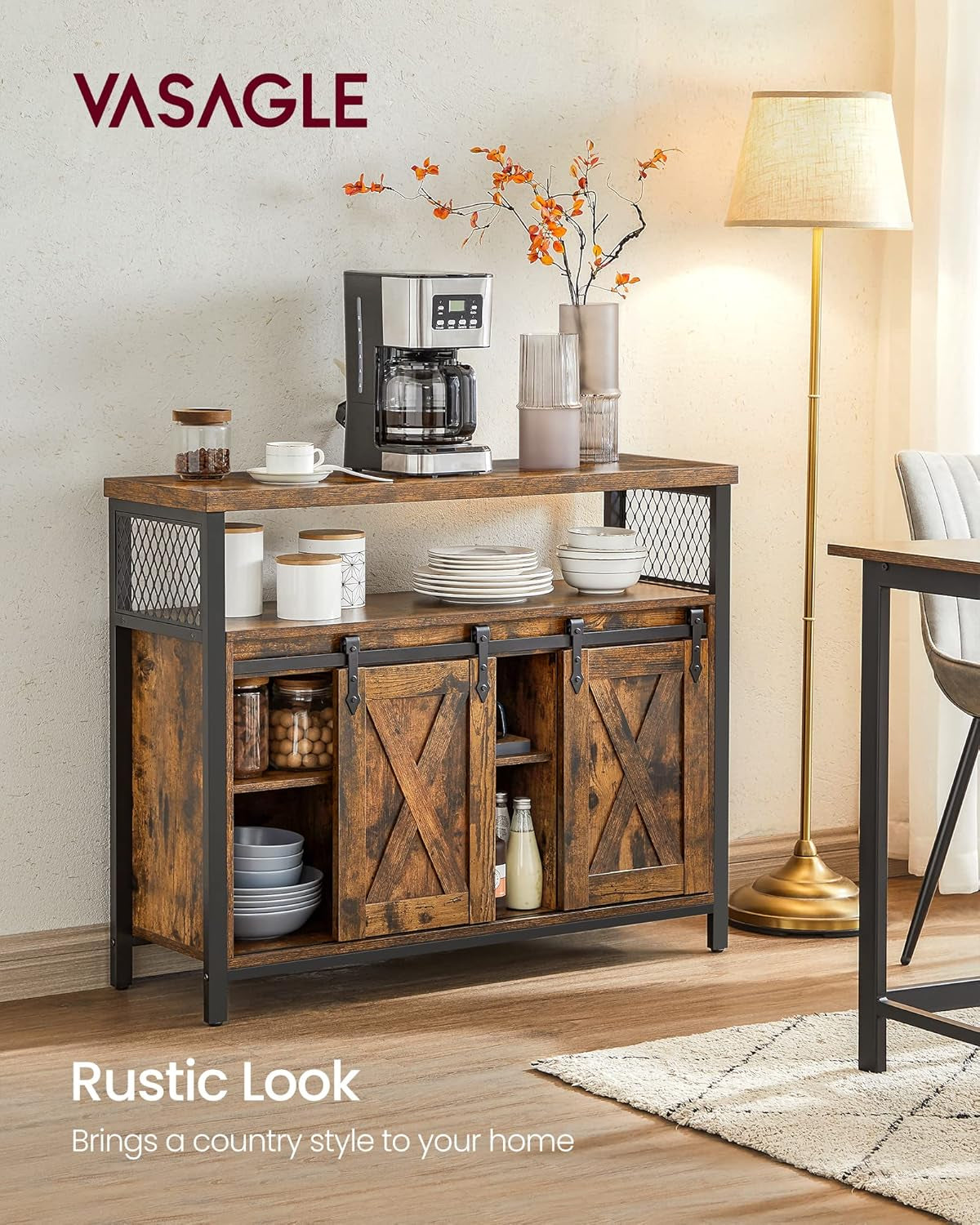 Coffee Bar Cabinet with Power Outlet and Voice Control LED Light, Buffet Cabinet with Sliding Barn Doors, S Hooks, Wine Glass Racks, Bottle Holders, Rustic White and Honey Brown ULSC201W01