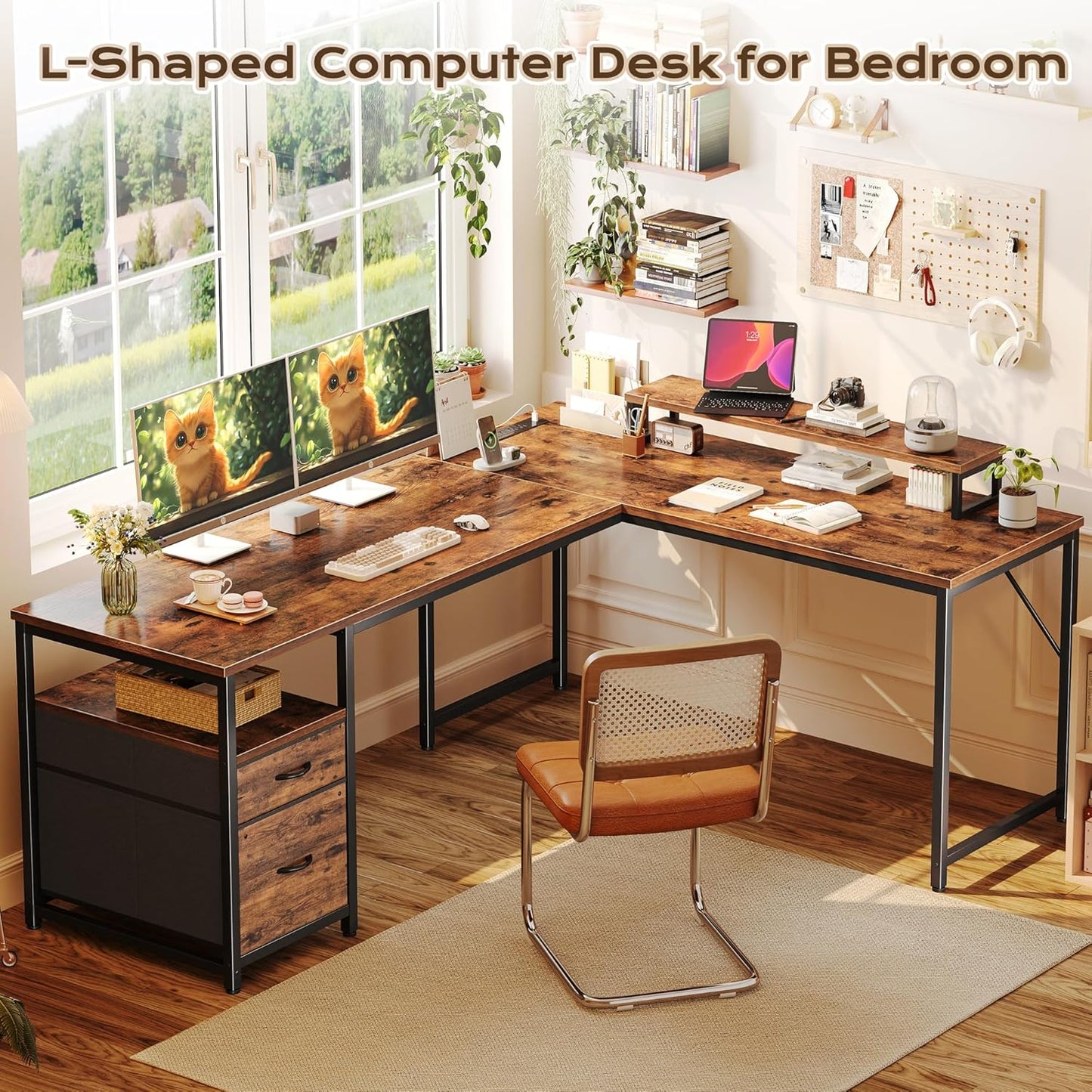 63 Inch L Shaped Desk with Power Outlets and USB-C Port, Computer Corner Home Office Desk with File Fabric Drawers and Movable Monitor Stand, Larger Storage, Gaming, Writing, Rustic Brown