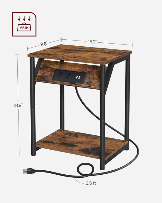 End Table with Charging Station, Set of 2, Small Side Tables for Living Room, Bedroom, Nightstand with Outlets and USB Ports, Bedside Table with Storage Shelf, Rustic Brown and Black