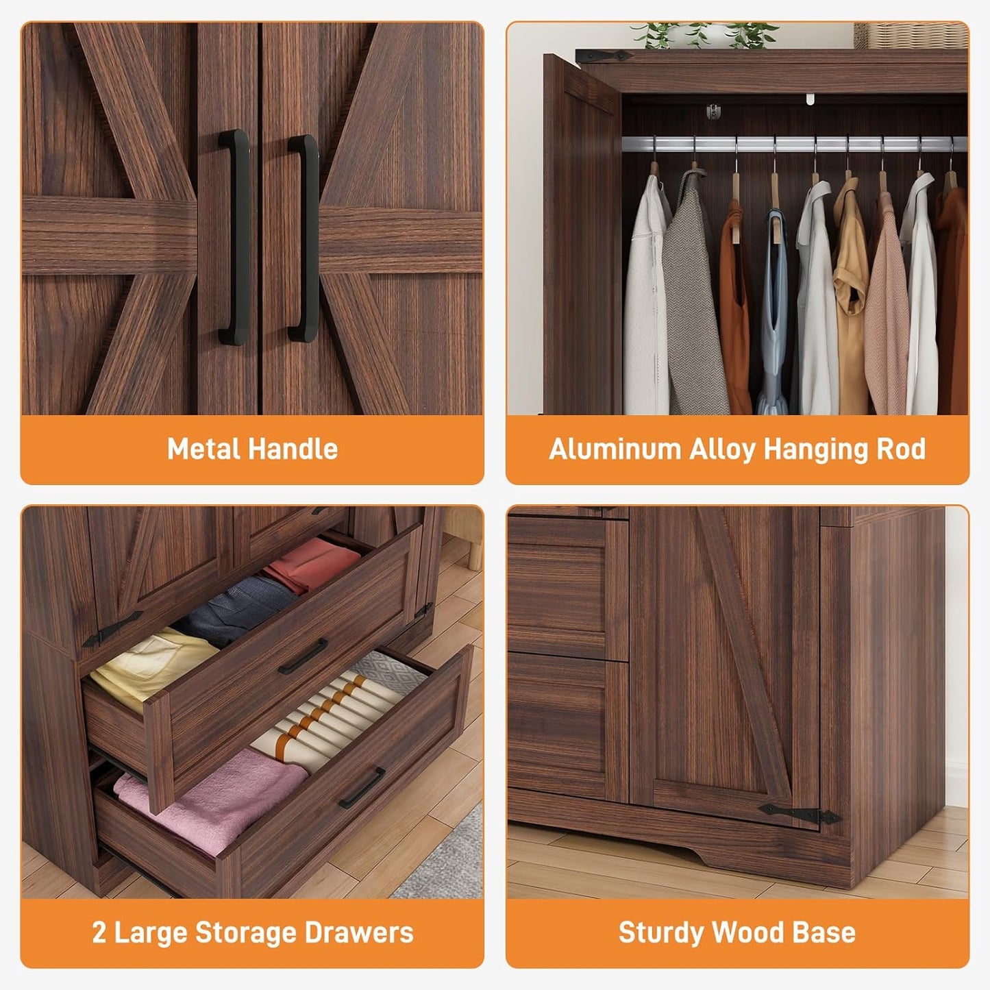 Farmhouse Wardrobe Armoire Closet with 3 Doors and 2 Drawers, 70.1" Wooden Clothing Storage Cabinet, Freestanding Large Capacity Storage Wardrobe Armoire with Hanging Rod for Bedroom, Brown