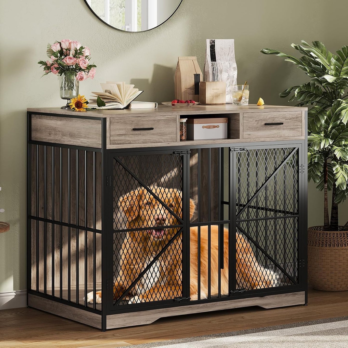 44 Inch Large Dog Crate Furniture, Multi-Functional Dog Cage Table with 2 Drawers and an Open Compartment, Heavy Duty Wooden Dog Crate TV Stand for Indoor Use