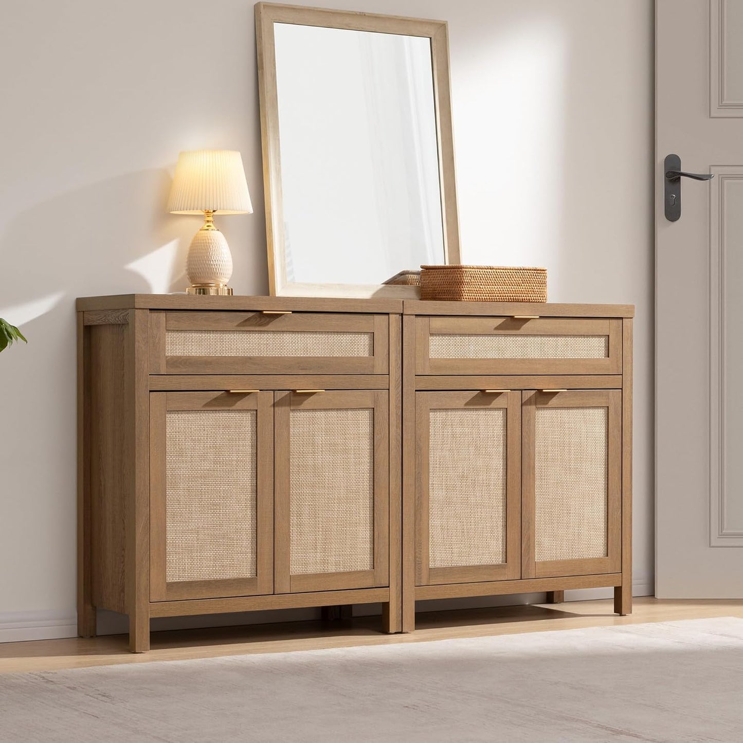 Buffet Cabinet Sideboard with Storage, Rattan Accent Cabinet with Doors Drawer, Boho Credenzas Farmhouse Buffet Table Console Coffee Bar Cabinets for Entryway Living Room, Natural Oak