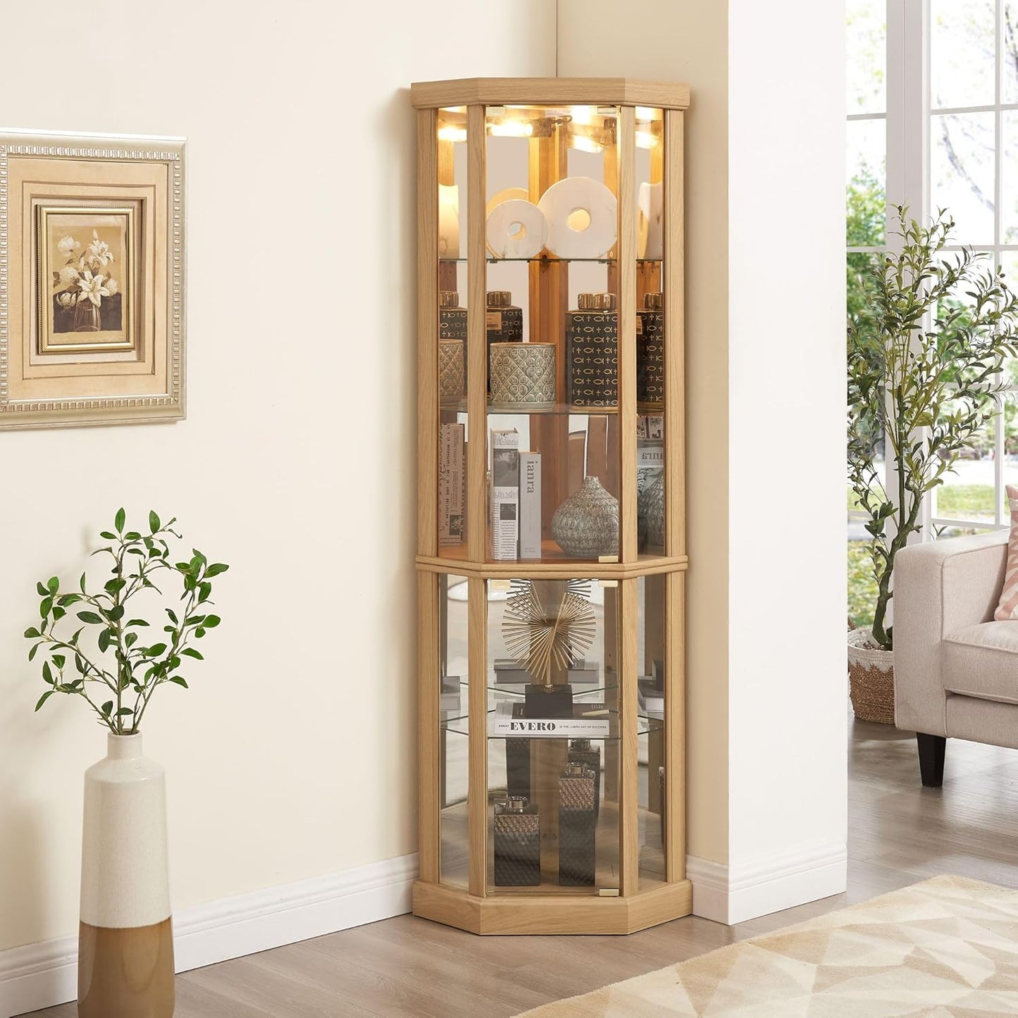 Light oak lighted corner curio cabinet with tempered glass doors, view 9