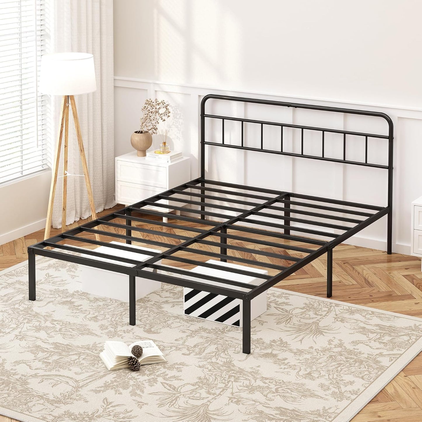 12 Inches Queen Size Bed Frame with Minimalist Headboard,Metal Platform Base with Strong Metal Slats,Mattress Foundation for under Bed Storage,Easy Assembly,Black