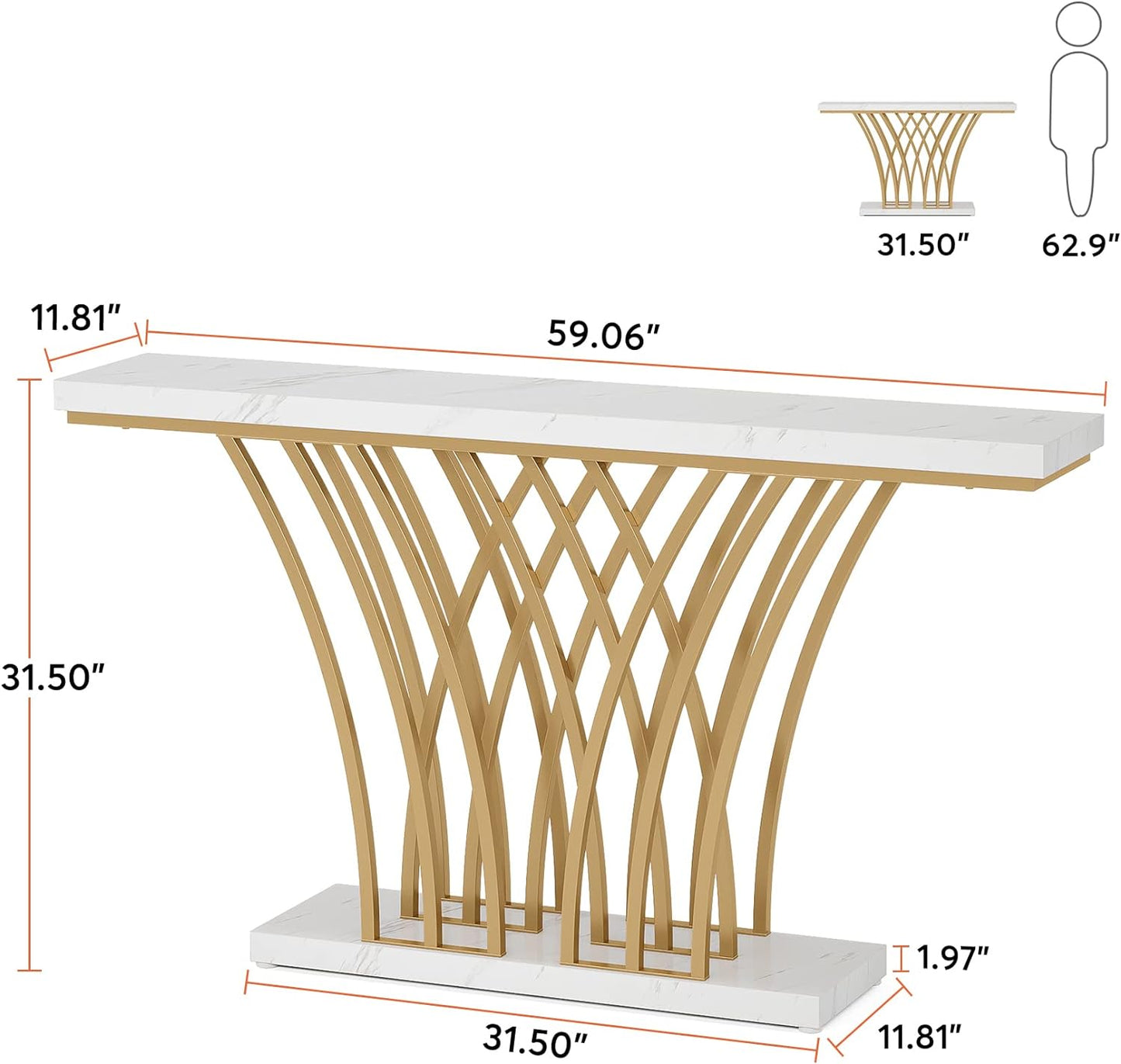 59 Inch Gold Console Table, Modern Entryway Table with Grid-Shaped Metal Base for Entrance, Hallway, Entryway, Living Room(White Faux Marble & Gold)
