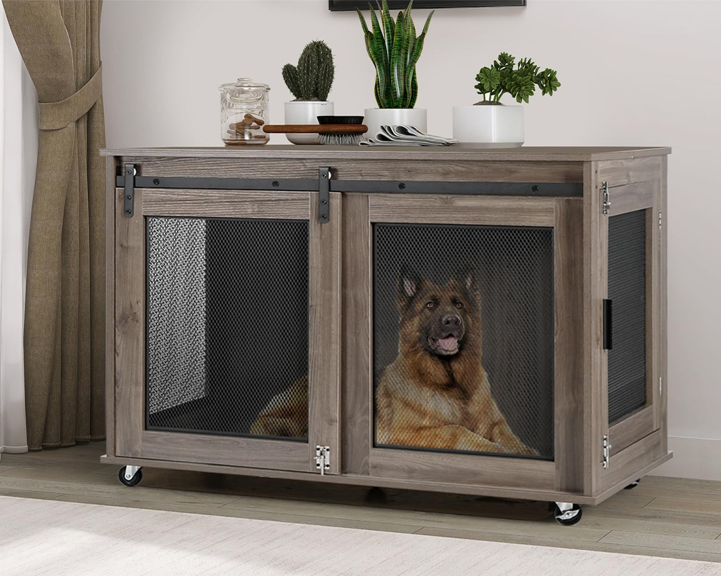 47 Inch XL Dog Crate Furniture, Wooden Heavy Duty Dog Kennel Indoor, Decorative Dog Cage Table for Extra Large Dogs, with Sliding Doors, Wheels and Flip-Top Plate