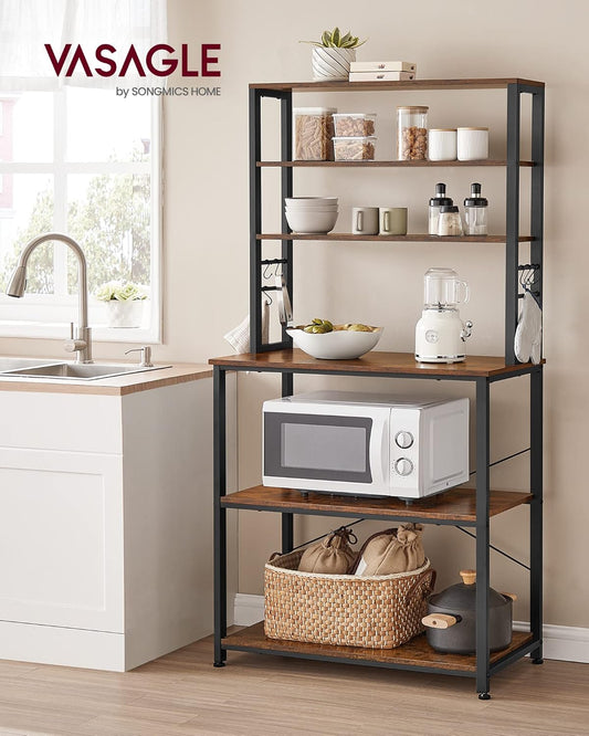 Coffee Bar, 31.5 Inches Baker'S Rack for Kitchen with Storage, 6-Tier Kitchen Shelves with 6 Hooks, Microwave Stand, Industrial, Rustic Brown and Ink Black UKKS019B01