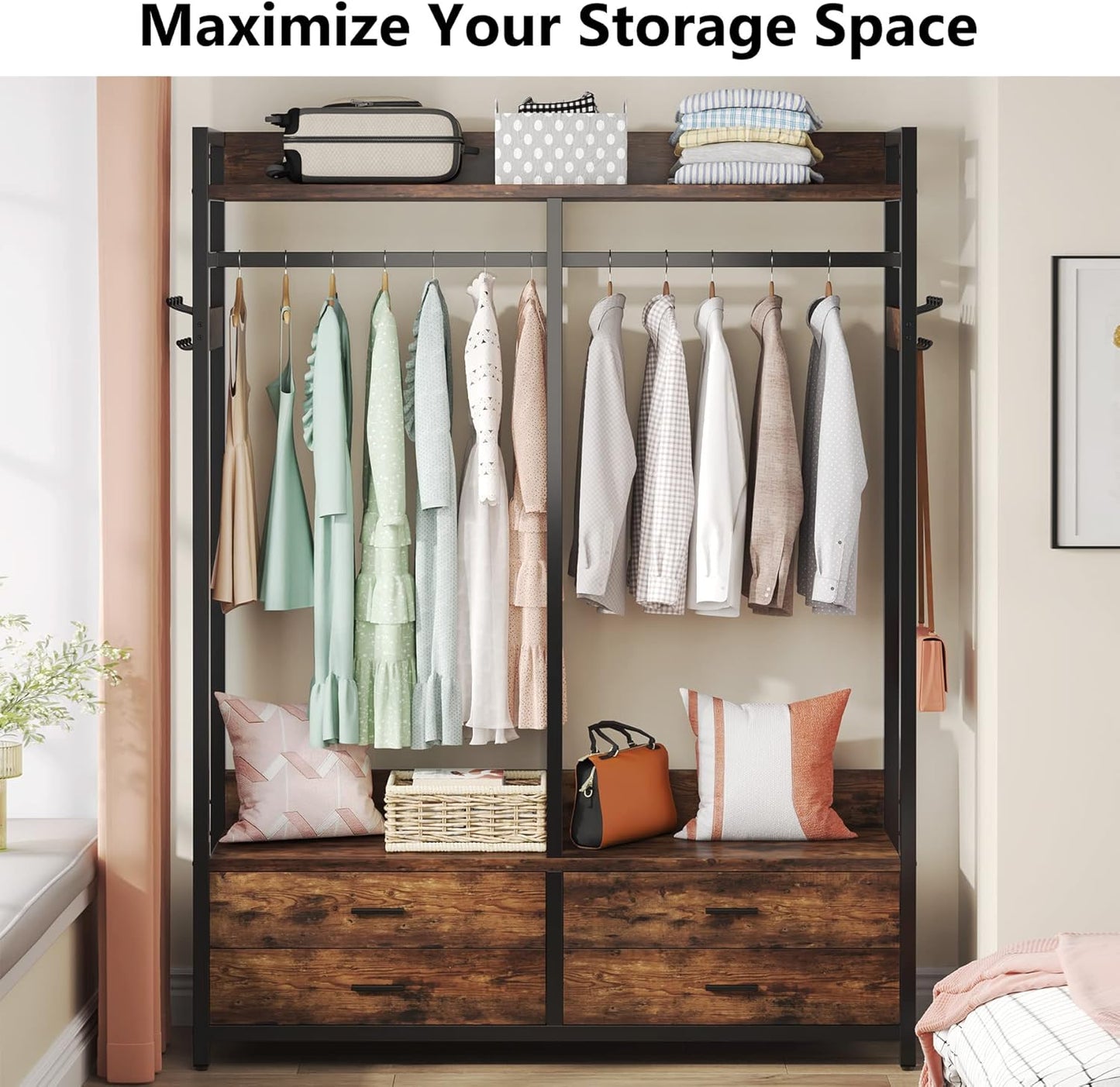 Freestanding Closet Organizer for Hanging Clothes, Heavy Duty Garment Rack with 4 Drawers, 8 Hooks and Storage Shelves, Wardrobe Closet Clothing Rack for Bedroom, Living Room, Rustic Brown