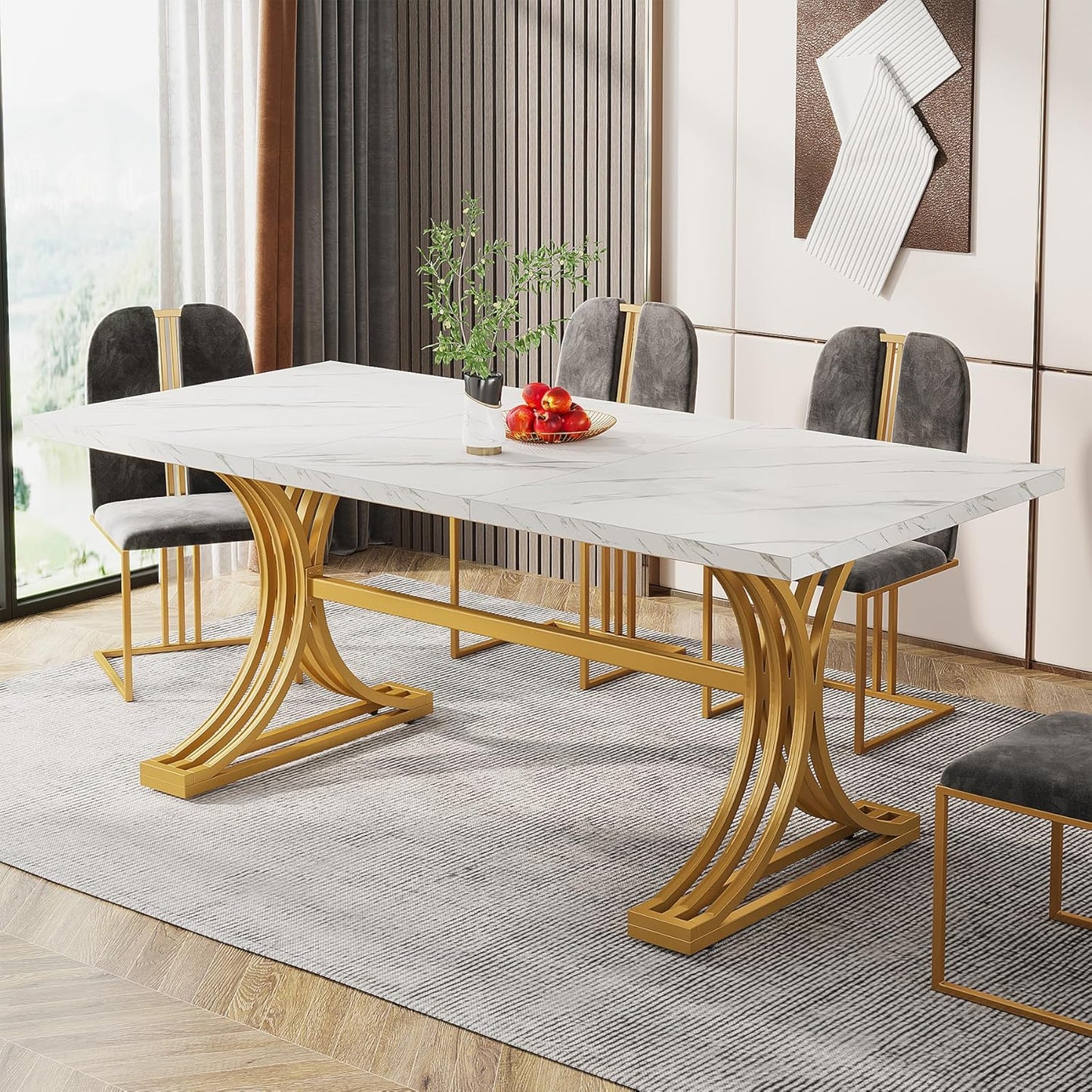 63-Inch Rectangular Dining Table for 4 to 6, Modern Kitchen Table with Stylish Metal Trestle Legs, Large Dinner Table for Dining Room, Chair Not Included (White+Gold)