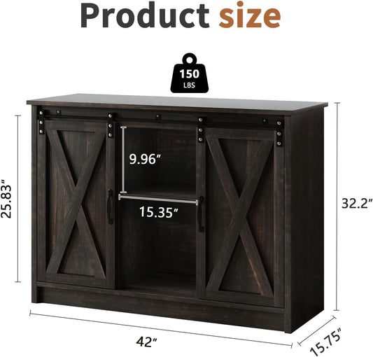 Coffee Bar Cabinet with Sliding Barn Doors, 42” Sideboard Buffet Cabinet with Storage, Farmhouse Coffee Bar Station Table Liquor Wine Bar with Shelves for Kitchen, Espresso