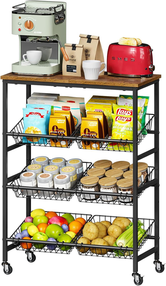 4-Tier Rolling Kitchen Storage Cart,Utility Kitchen Pantry Organizers and Storage Cart with Wheels for Snack Fruit and Vegetable,Microwave Stand with Storage Shelf,Has 6 Wire Baskets and Wood Tabletop