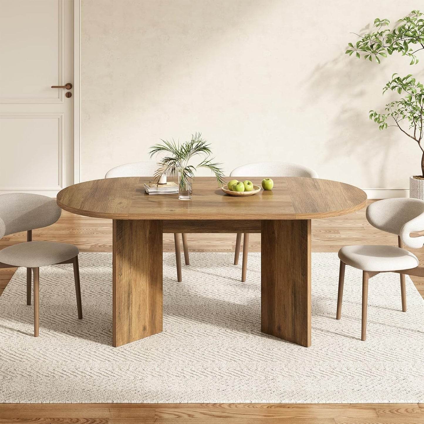 63" Rustic Oval Dining Table for 4-6, Sturdy MDF Farmhouse Kitchen Table with Metal Strip Base, for Living Room, Office, Restaurant, Multi-Use, Umber