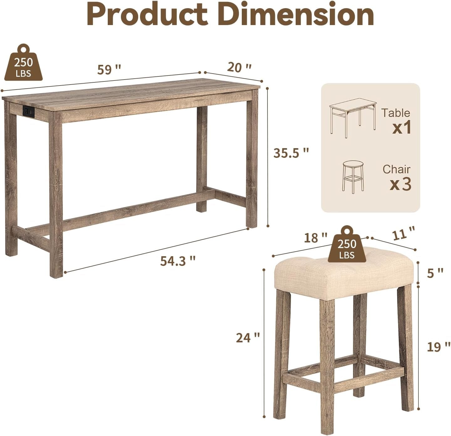 59" Counter Height Bar Table Set with Power Outlet, Industrial Breakfast Table with 3 Padded Stools, 4 Piece Bar Table and Chairs Set for Living Room, Dining Room, Brown