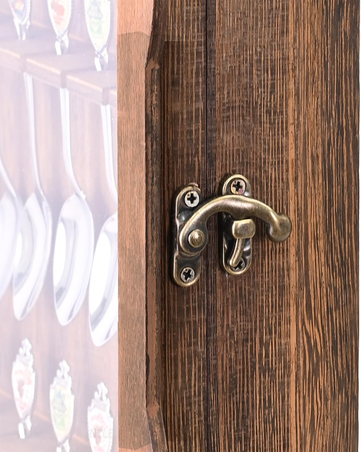 Wall mounted wooden souvenir spoon display case with tempered glass, view 8