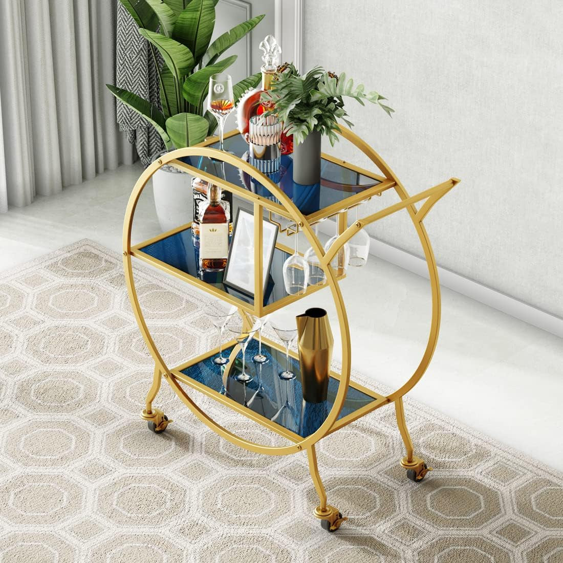 Bar Cart, Upgraded 3 Tier Gold Bar Serving Cart with Glass Holder and Wheels, Metal Handle round Bar Carts for the Home, Kitchen, Living Room