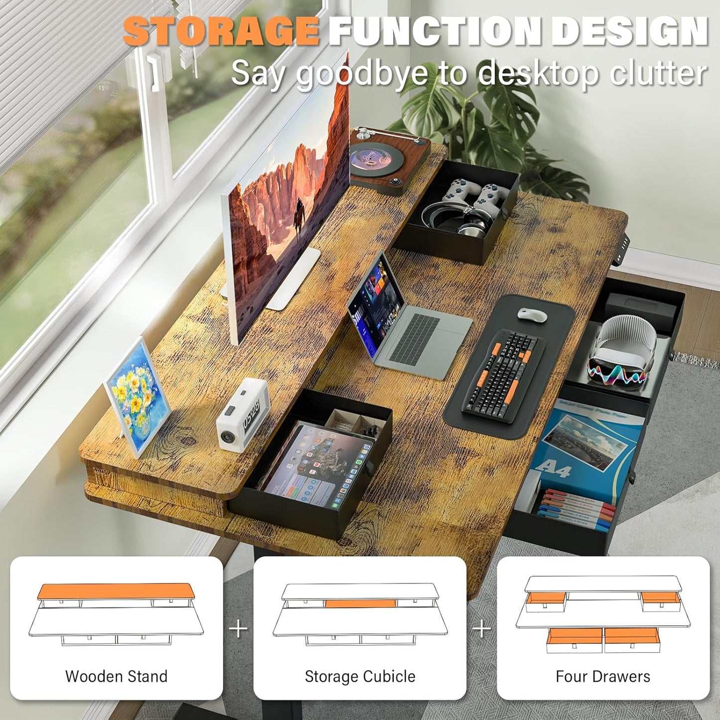 Electric Standing Desk with Drawers & USB Charging Port, 48''X 30''Adjustable Height Sit Stand up Widened Desktop Desk, Computer Office Desks with Storage for Home Workstation, 3 Memory Height Preset