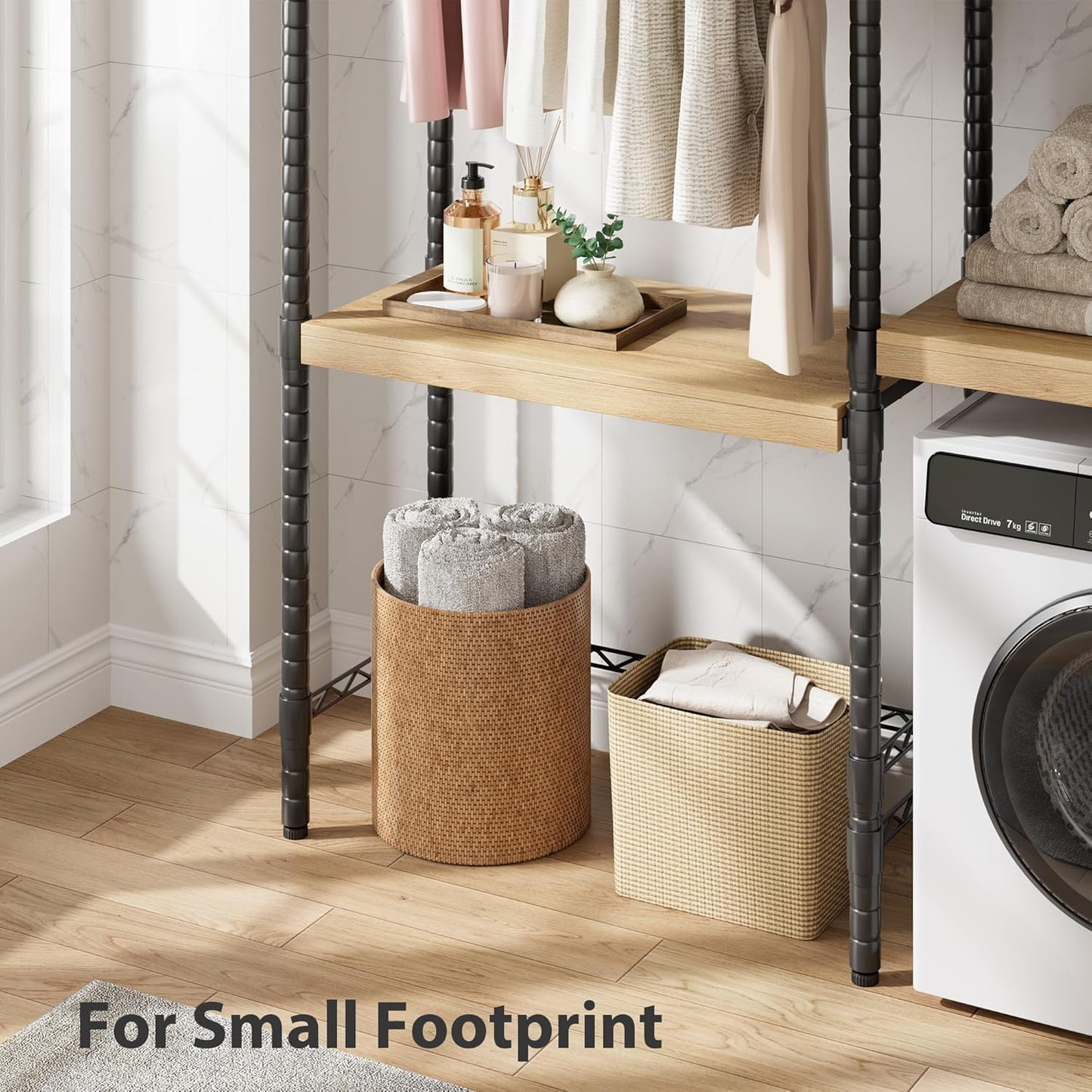 28" Over-The-Toilet/Washer Shelf – 5-Tier Laundry Organizer with Double-Layer Wood Shelves (100LB Capacity), Adjustable Height Storage for Small Spaces (Natural& Black)