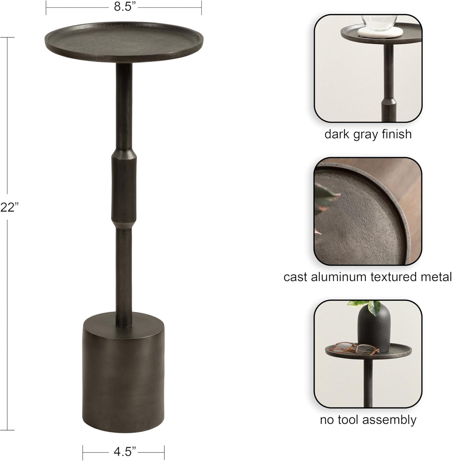 Truxton Modern round Metal Drink Table, 9 X 9 X 22, Graphite, Industrial Cast Aluminum Pedestal Table for Use as Indoor Plant Stand or Living Room Decor
