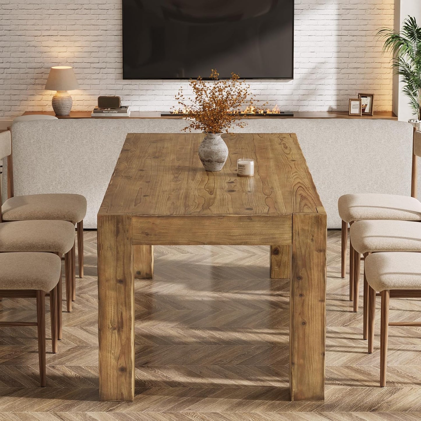 Solid Wood Dining Table for 6, 63-Inch Farmhouse Kitchen Table with Heavy Duty Legs, Rectangular Wood Dinner Table for Dining Room, Living Room (Rustic Brown)