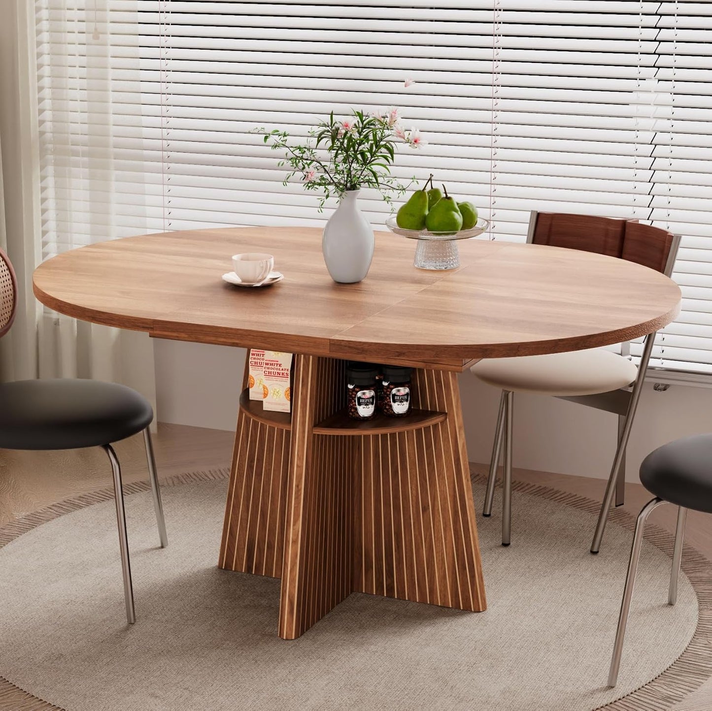 43.3In-59In Extendable Dining Room Table for 4-8, round Expandable Kitchen Table with Fluted Base, Modern Oval Dinner Tables with 4 Storage Shelves for Kitchen Living Room (Walnut, 43.3In)